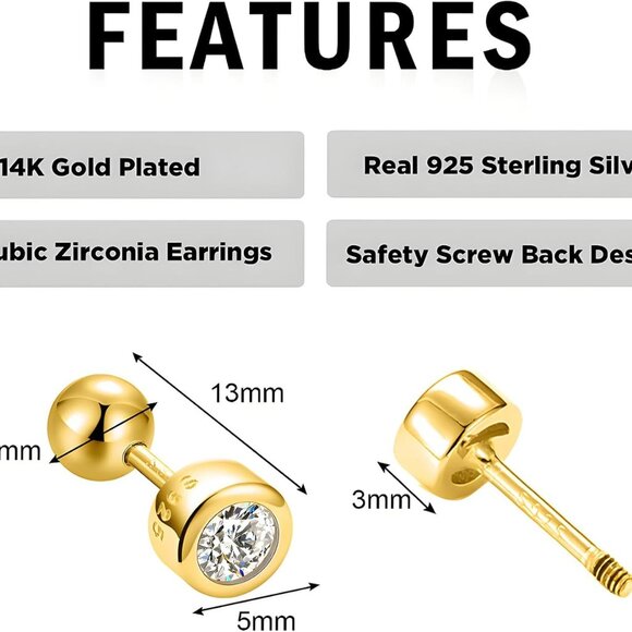 Stud Earrings Gold Filled 14K Zircon Silver Hypoallergenic Small Women Men - Picture 3 of 6